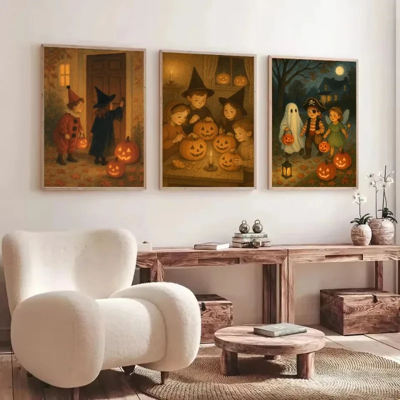 Retro Kids Cute Ghost Trick or Treat Halloween Parade Pumpkin Spooky Aesthetic Poster Canvas Painting Wall Pictures Home Decor