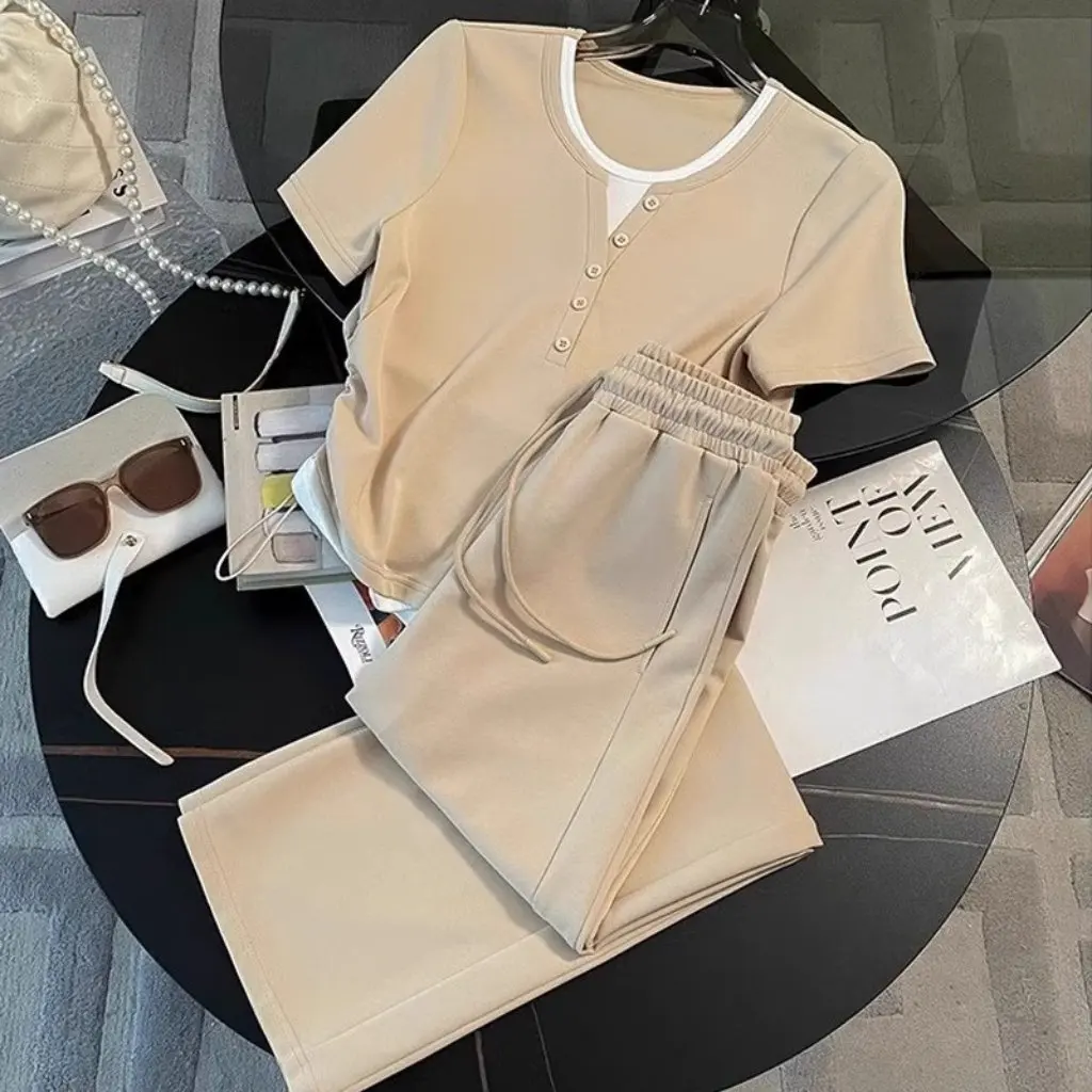 

Women's Summer Sports Suit Original Workmanship Leisure Wide-leg Pants Short-sleeved Top Waist Slimming Two-piece Set