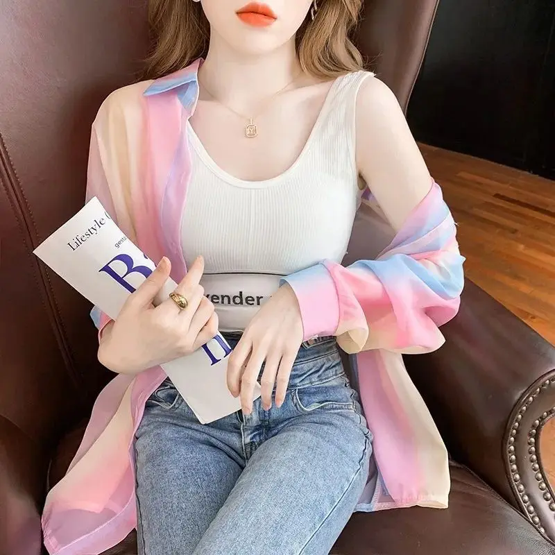 Women\'s Long Sleeve Top Sweet Sheer Casual Shirts And Blouses Gradient Rainbow All-Match Basic Shirt Loose Jacket Korean Outwear