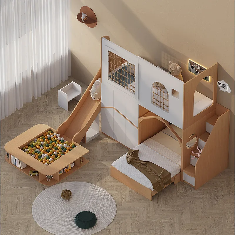 Multifunctional combination children on and off bed double high and low mother and child bed treehouse secret base elevated