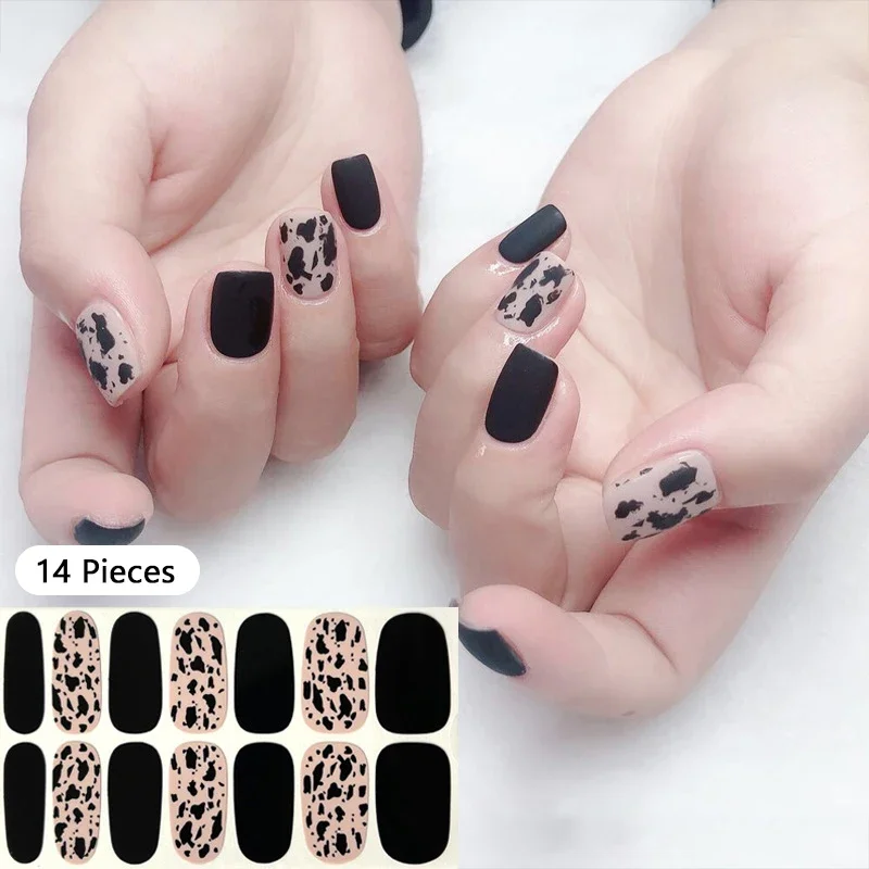 New 14 Strips Autumn Gel Nail Stickers Full Cover Nail Patch Leopard Print Nail Stickers Nail Polish Strips DIY Nail Art Making