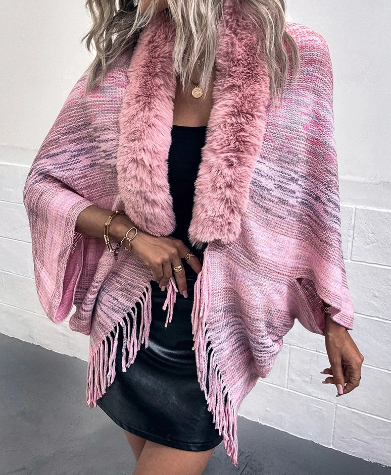 

Women's Cape Shawl Cardigan Coat Winter Casual Rainbow Striped Tassel Cape Fur Collar Bat Long Sleeve Loose Fit Knitted Shawl