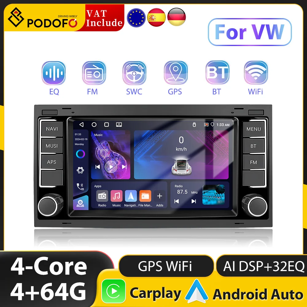 Podofo Android 13 '' Car music Player with Carplay Auto GPS AI DSP Car Stereo Radio for Para Volkswagen/Touareg 2004-2011