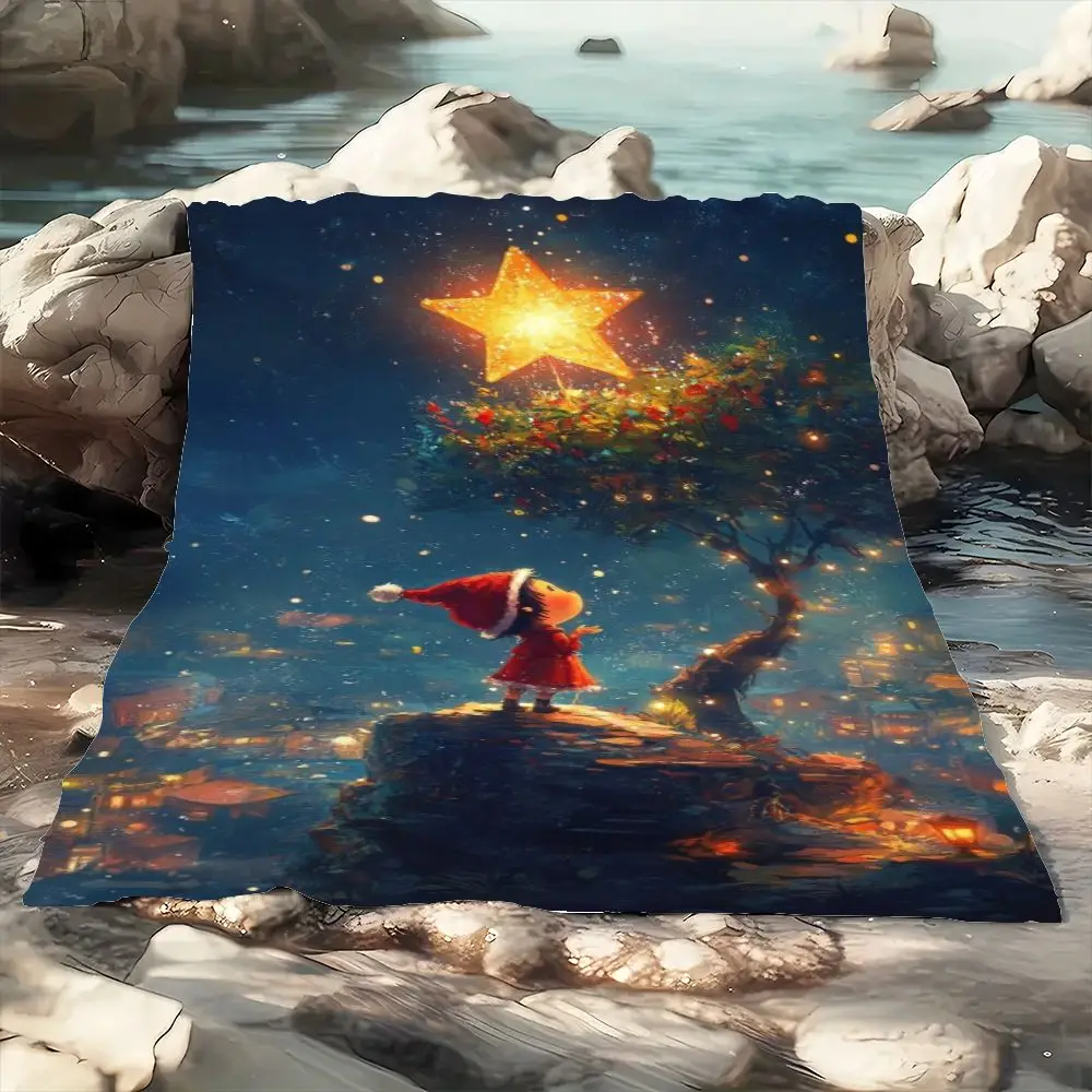 بطانية عيد الميلاد على شكل نجمة ذهبية غريبة الأطوار - رمي صوف ناعم مريح يتميز بمشهد شتوي سحري مع طفل في قبعة سانتا، توينكلي #2