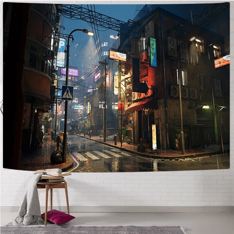 Rainy Cyberpunk Alley Tapestry for a Futuristic and Atmospheric Home Decor