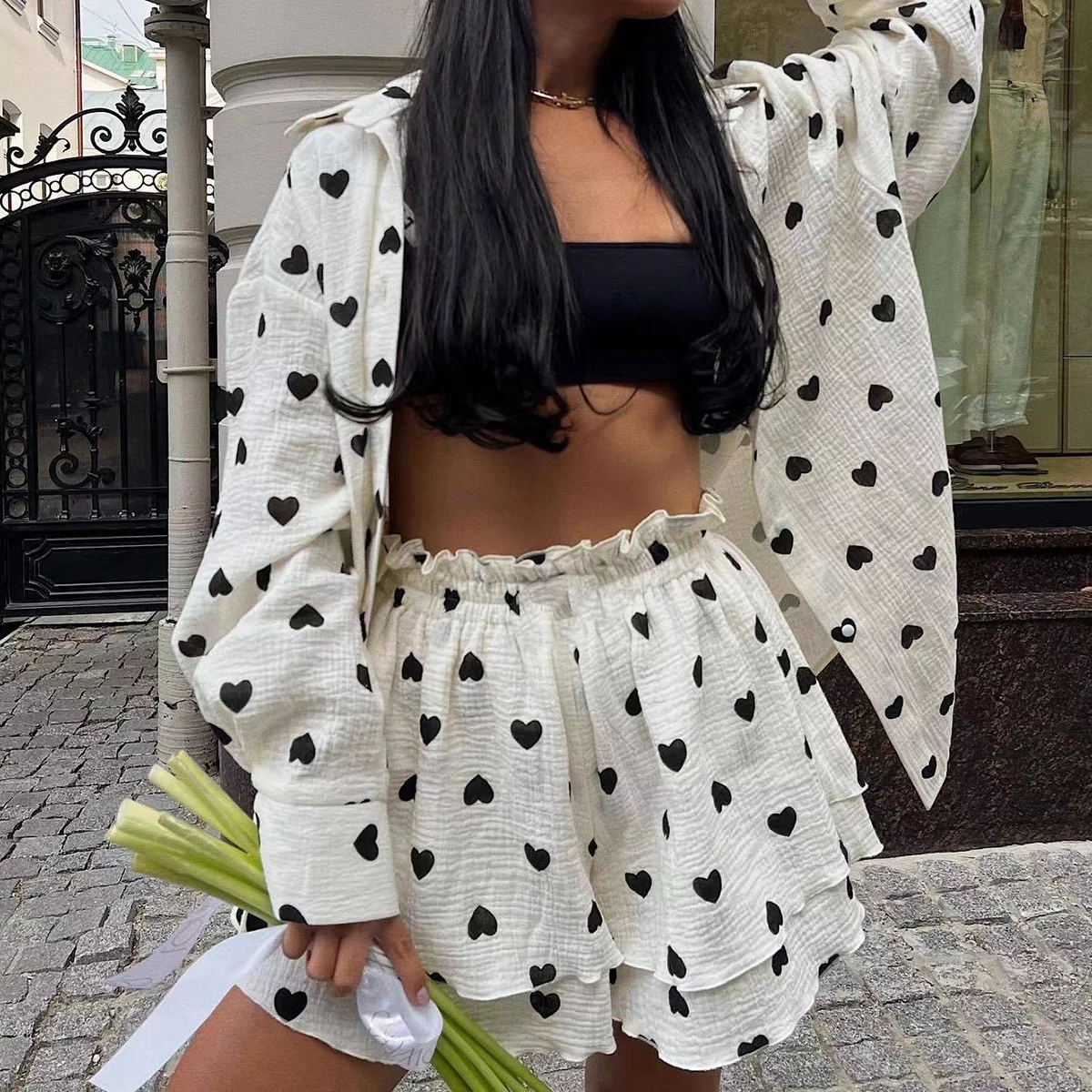 Heart Printed Graphic 2 Piece Set 2024 New Spring Long Sleeve Cardigan+Ruffle Short Pant Sets Casual Holiday Women\'s Shorts Suit