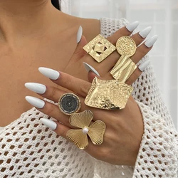 PuRui 6 Styles Vintage Gold Color Creative Unique Flower Ring Women Geometric Adjustable Rings Finger Couple Daily Jewelry Gift