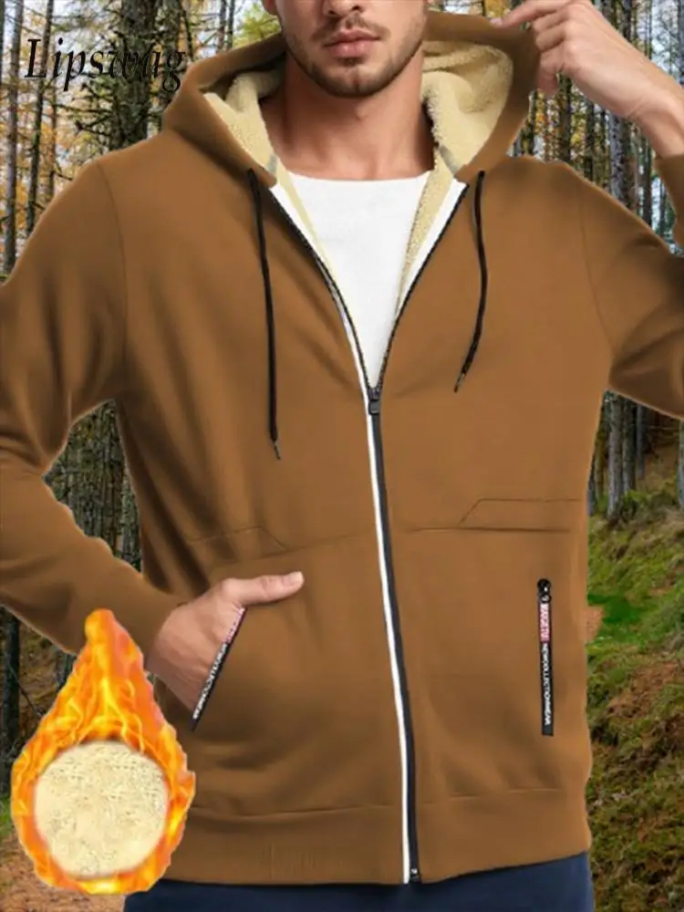 

2025 Autumn Winter Fleece Liner Hooded Coats Men Vintage Solid Color Zip-up Drawstring Jackets Mens Casual Loose Wool Cardigans