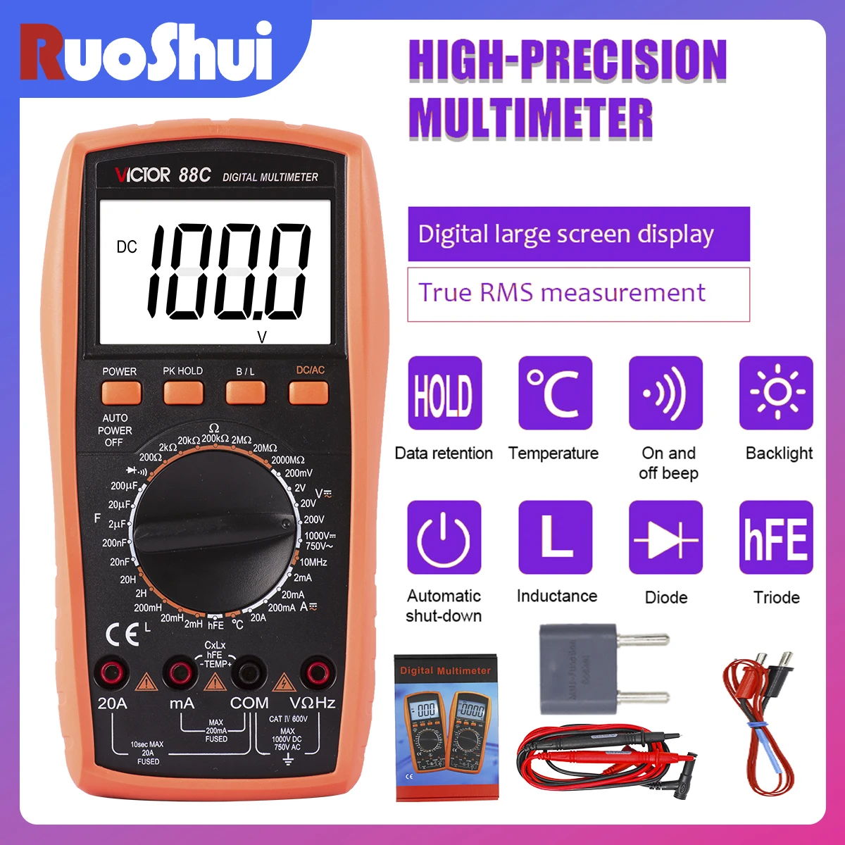 Victr  88C 3 1/2 1999 Counts Smart Digital Multimeter With True RMS LCD Screen 28mm Unit Sign/backlight and Overload protection