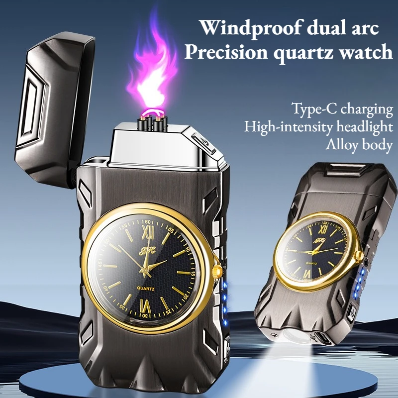 2-in-1 Arc Lighter with Built-in Watch & Flashlight, USB Rechargeable Plasma Igniter for Men's Collection & Gifting