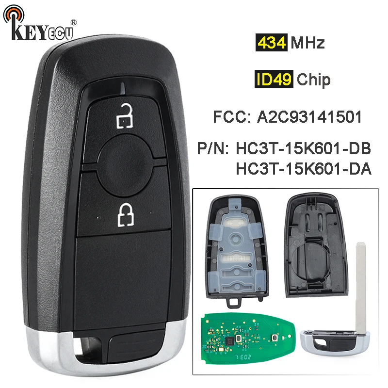 KEYECU 434MHz ID49 FCC ID: A2C93141501 HC3T-15K601-DB HC3T-15K601-DA Smart Remote Key Fob for Ford Mondeo Explorer 2017-2020