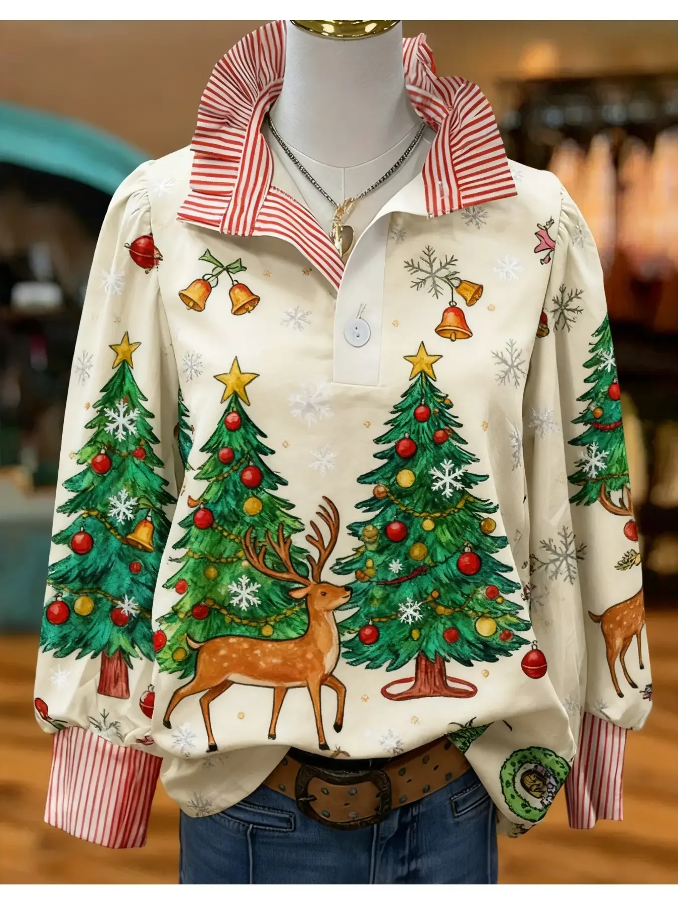 Ladies' elegant top long sleeved shirt, stand up collar style, Comfortable fit, women's shirt, multiple Christmas new styles.