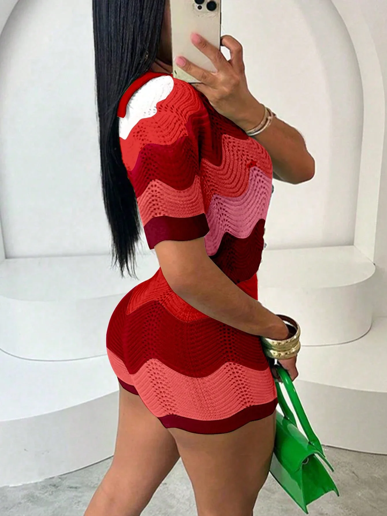 

Red Crochet Knit 2pcs Set Women Y2K Short Sleeve Crop Top And Shorts