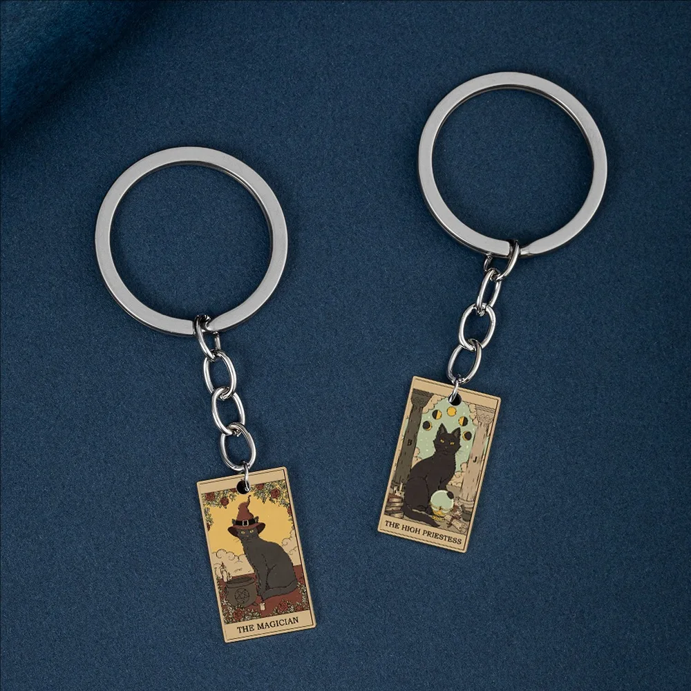 TAROT Tarot Cards Waite Grand Arcana Vintage Oil Painting UV Color Printing Cat Stainless Steel Keychain Pendant Lucky Hang Tag