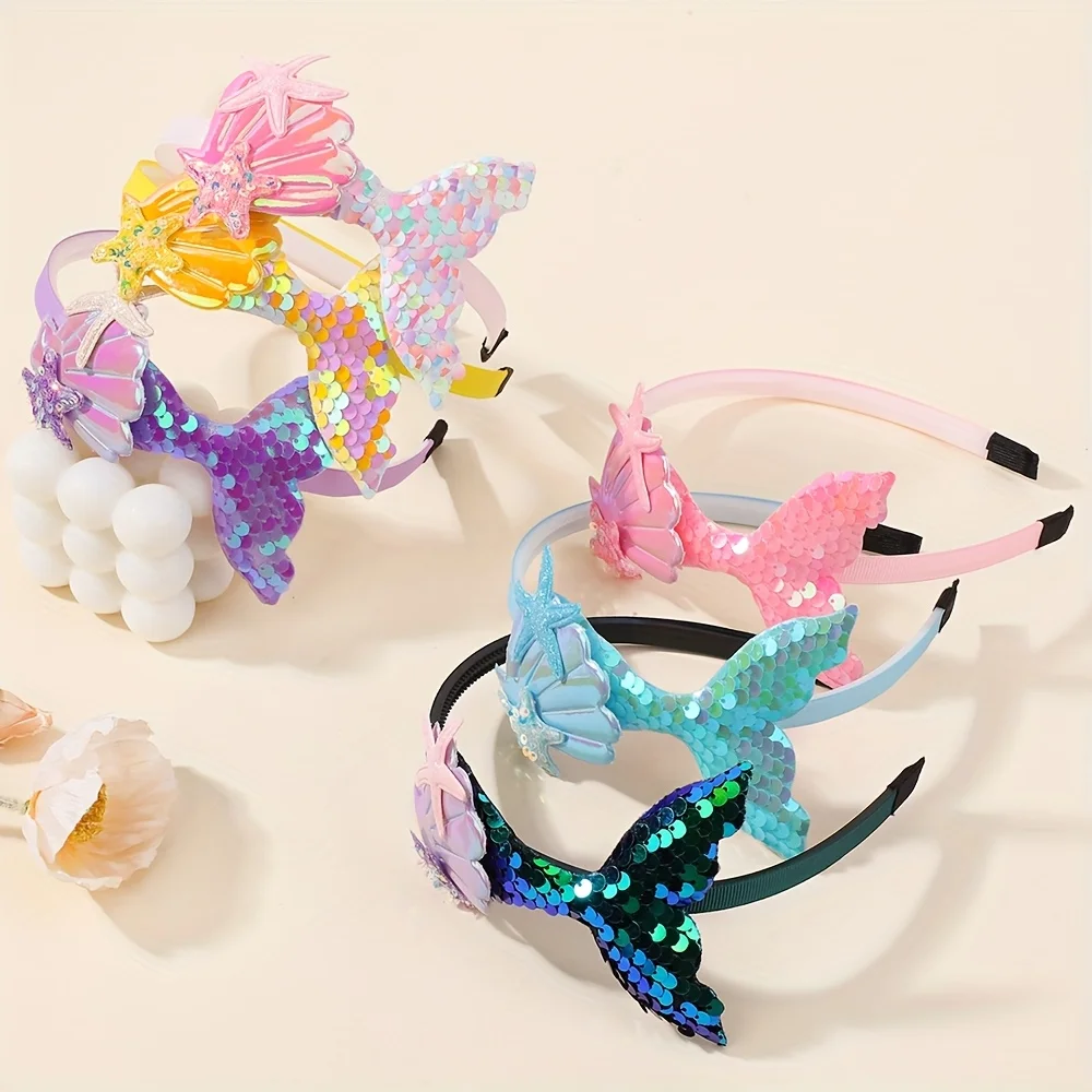 

6 шт. многослойные повязки на голову с блестками и русалкой для девочек, ленты для волос с радужным жемчугом и русалкой, головные уборы ручной работы, детские аксессуары для волос