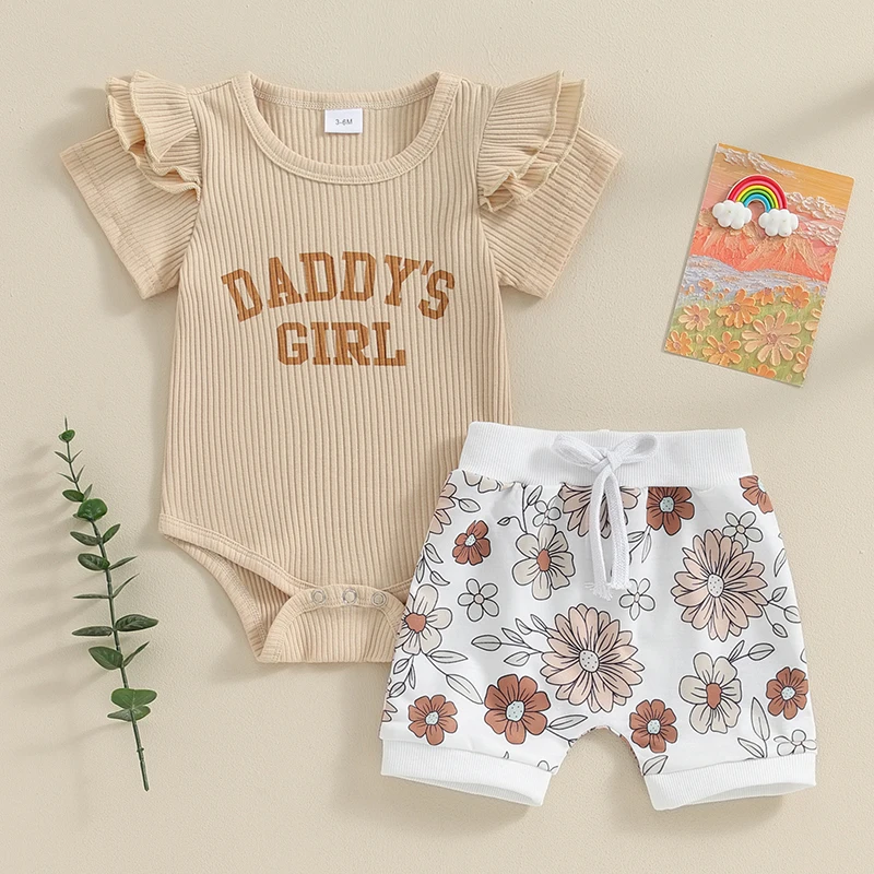 Newborn Baby Girl Clothes Cute Infant Summer Outfit Ribbed  Shorts Set Daddys Girls Romper Floral Suit