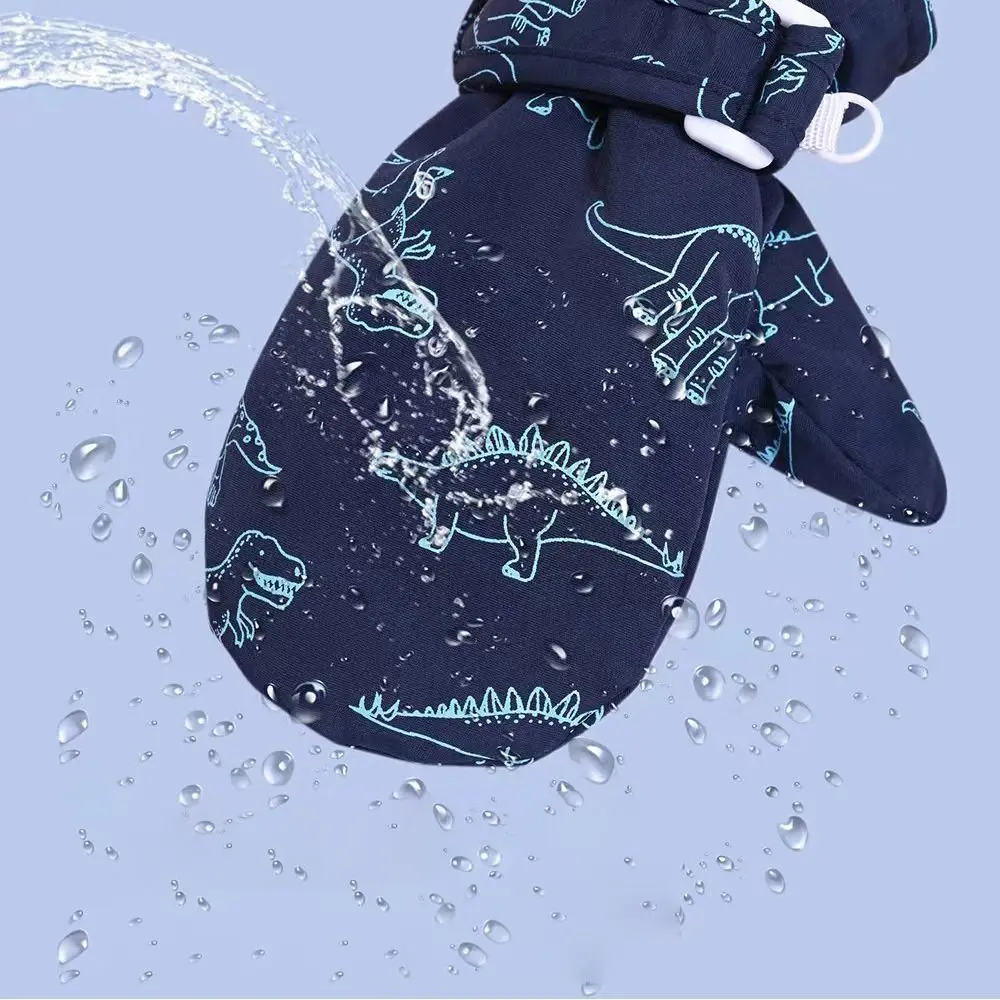 Cartoon Dinosaur Print Kids Gloves Thickened Fleece Skiing Snow Gloves Windproof Waterproof Baby Mittens Girls Boys