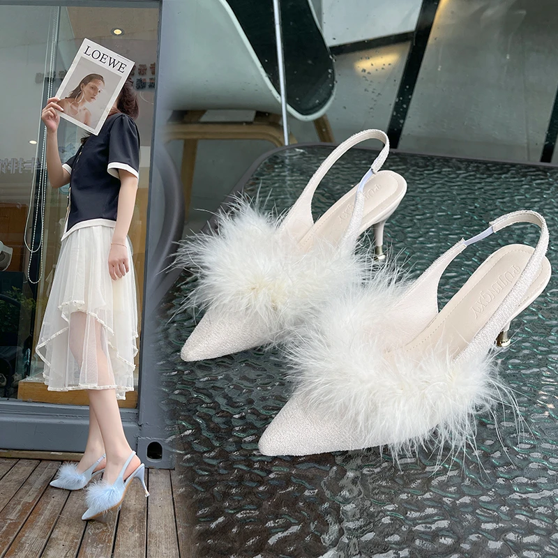 Women Real Ostrich Hair Heel Slippers Female Fashion Furry Slippers High Quality Non-slip Sexy Slippers Ladies Party Heel Shoes