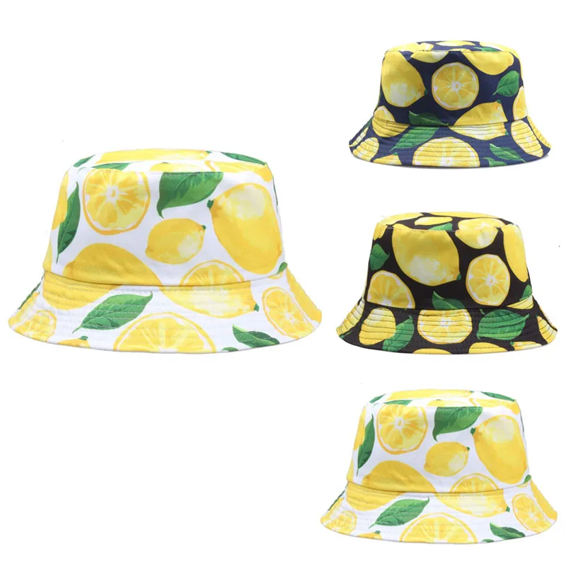 New Lemon Printed Double-Sided Bucket Hats for Women Men Fruit Summer Cap Sun Fishing Fisherman Hats Beach Travel 햇빛가리개 모