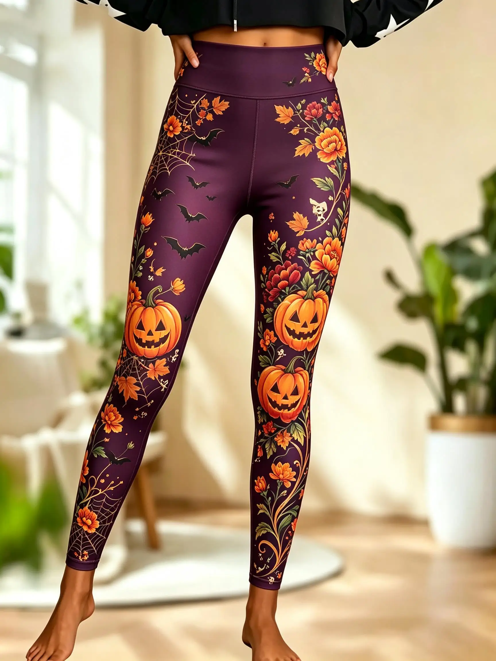 Women Fleece‑lined Mid‑rise Leggings Gothic Castle Owl Bat Print Slim Stretch Pants Halloween Casual Trousers - view 4