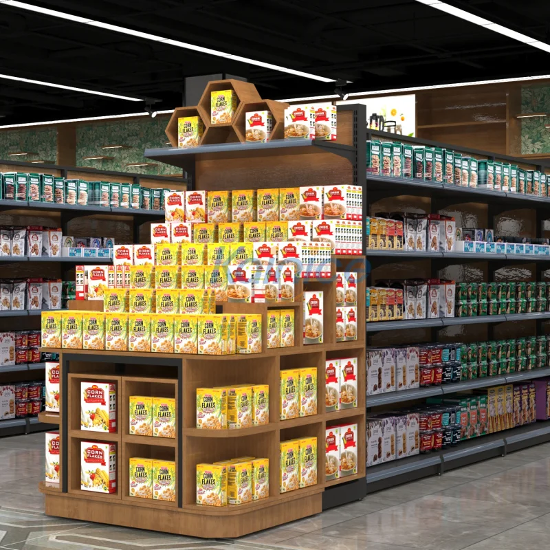 

Customize.Kainice Commodity Promotion Stacking Supermarket BiscuitIsland Single Standing Mobile Wood Cookies Display Shelf