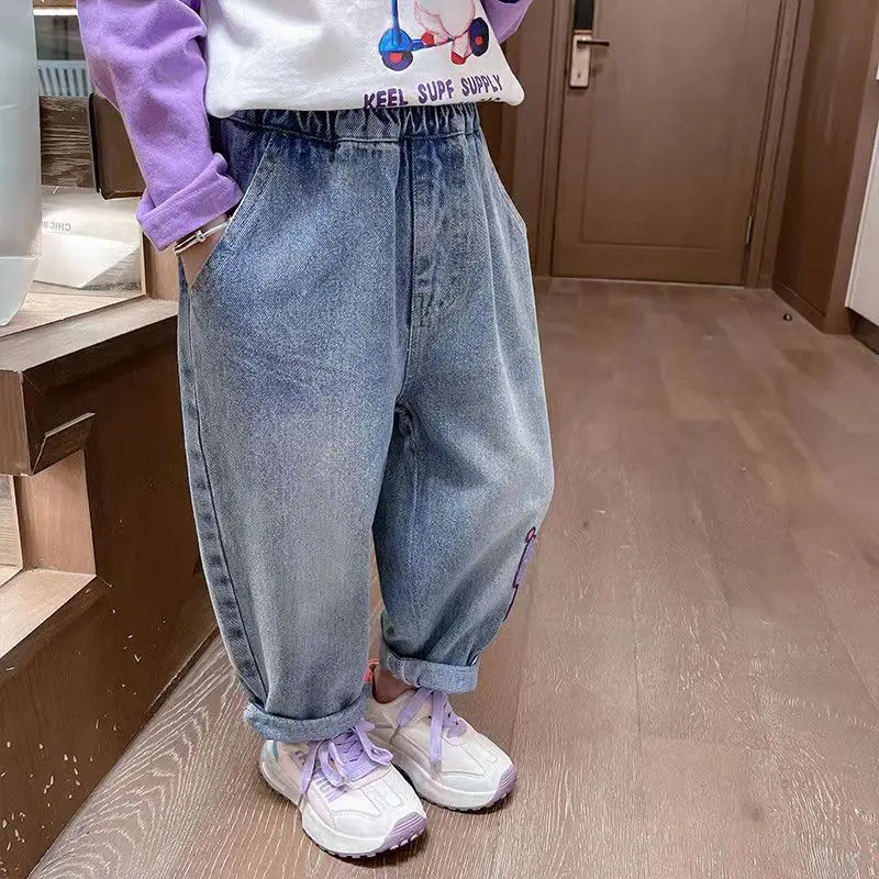 Frete grátis kawaii sanrio kuromi jeans infantis bonito dos desenhos animados retro solto moda cintura elástica multifuncional infantil