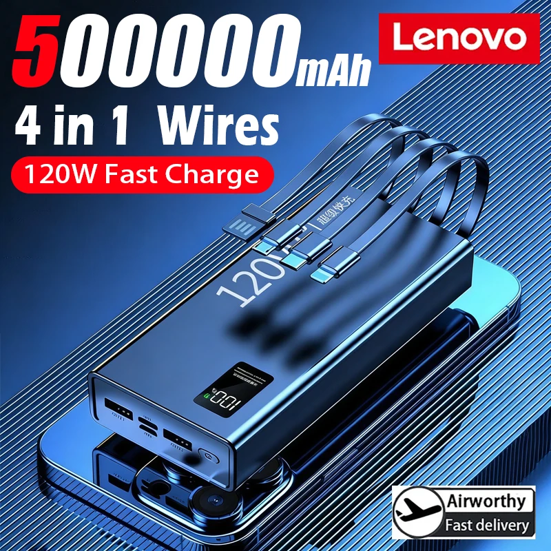 

Портативное зарядное устройство Lenovo 120W 50000mAh с высокой емкостью, 4 в 1 кабеля, сверхбыстрая зарядка, для iPhone и Samsung