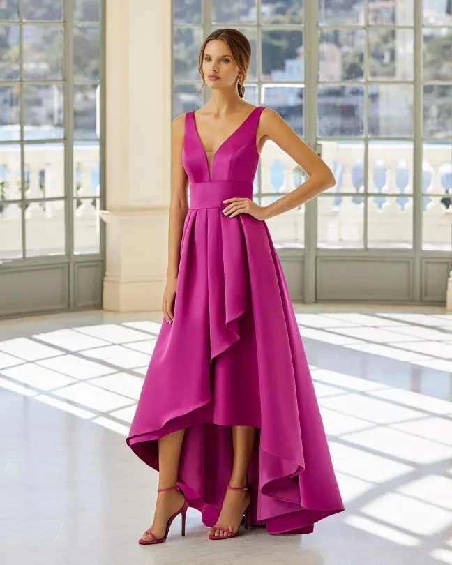 Customized Long Fuchsia V-Neck Mother of the Brides Dresses A-Line Hi-Lo Pleated Asymmetrical Length Godmother Dress for Women