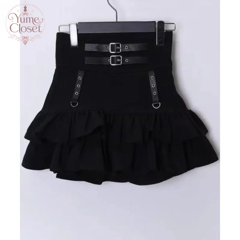 Japanese Harajuku Retro Streetwear New Punk High Waist Ruffle Mini Skirt Women Designer Double Buckle Strap Layered Cake Skirt