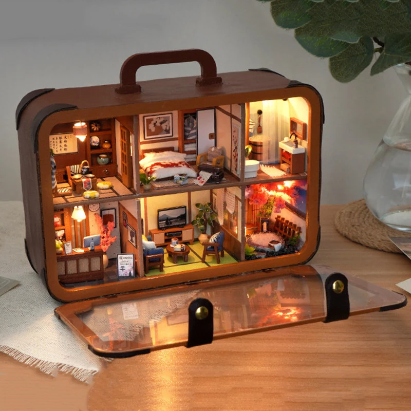 DIY Wooden Miniature Model Kits Japanese Hot Spring Hotel Mini Casa 3D Puzzle Dollhouse With Furniture for Friends Birthday Gift