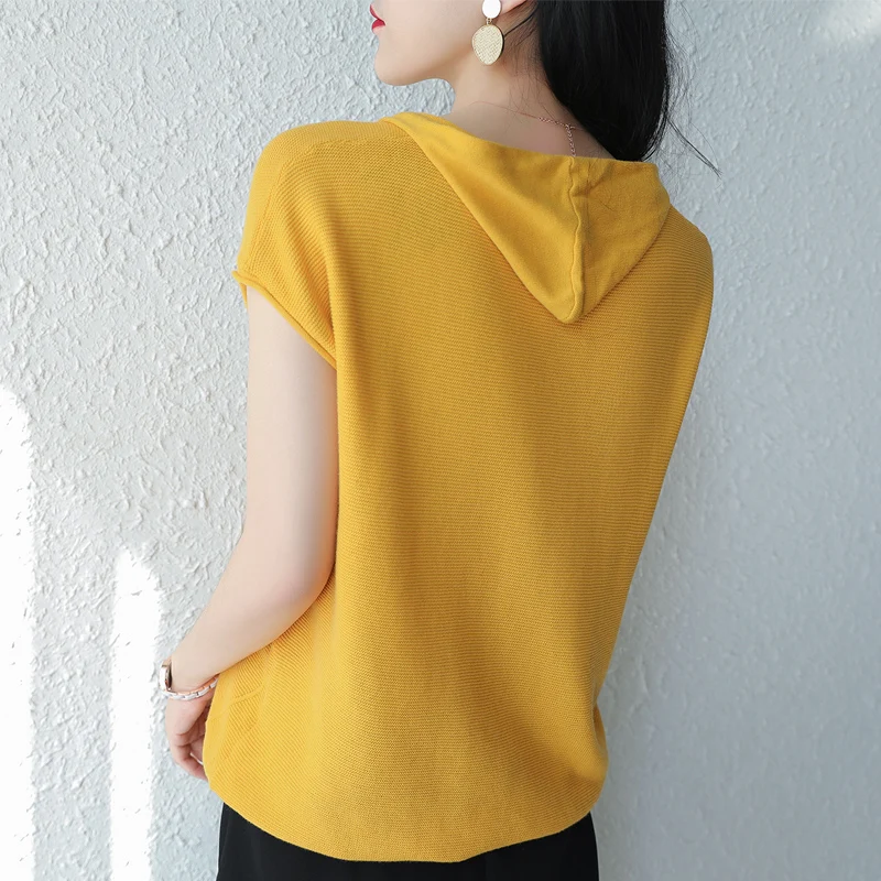 Women's T-shirt Summer New 100% Cotton Knitted Short Sleeve Casual Solid Tees Loose Hooded Collar Tops Ladies Blouse