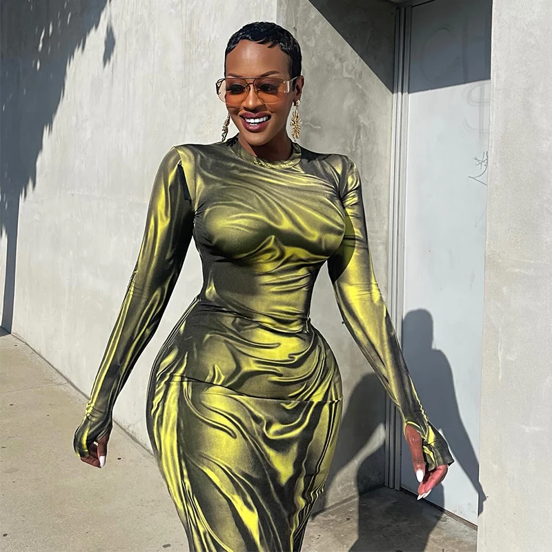 Moda impressão manga longa fino ajuste maxi vestido em torno do pescoço outono 2024 vestido feminino transoceanic estilo transfronteiriço