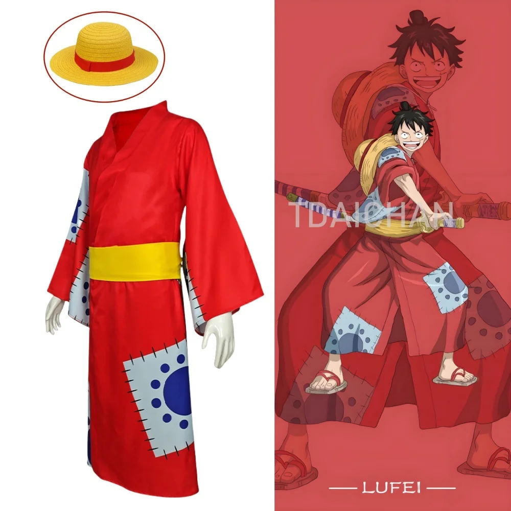 

2025 Anime Piece Pirate Luffy Cosplay Costumes Monkey D Luffy Wano Country Arc Hat Kimono Carnival Party Adult Red Yukata Outfit
