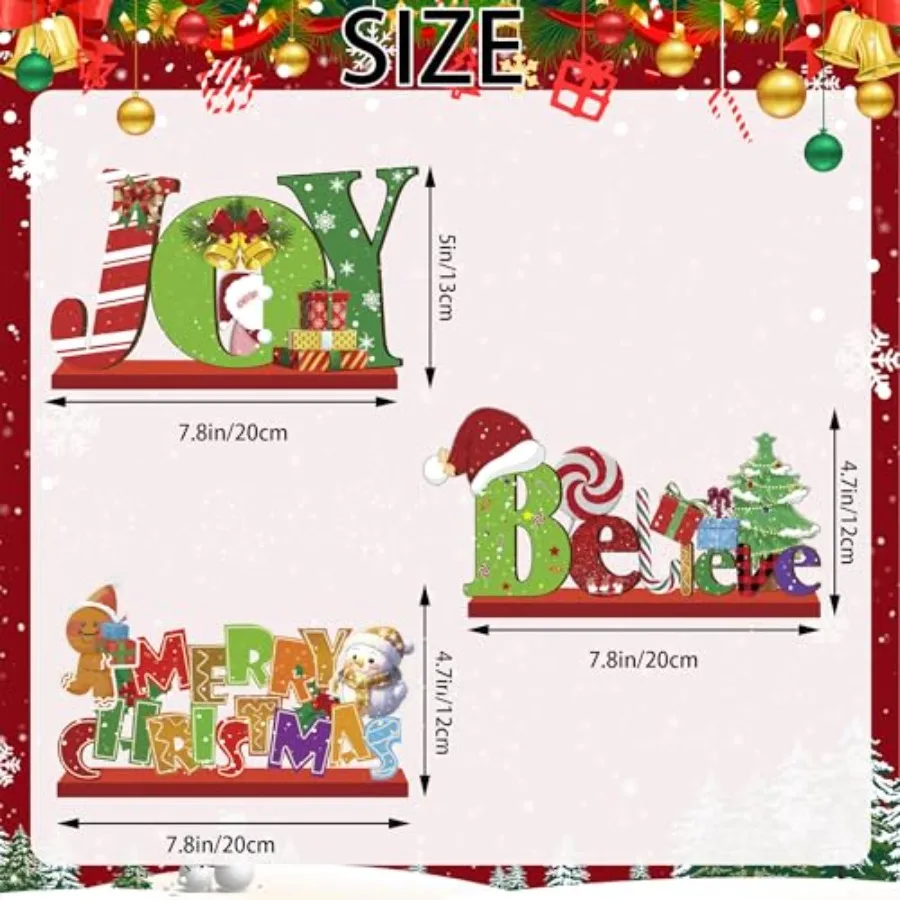 3Pcs Christmas Table Decorations Merry Christmas Tabletop Wooden Sign and Blieve Sign Joy Wood Sign Centerpiece Table Decoratio