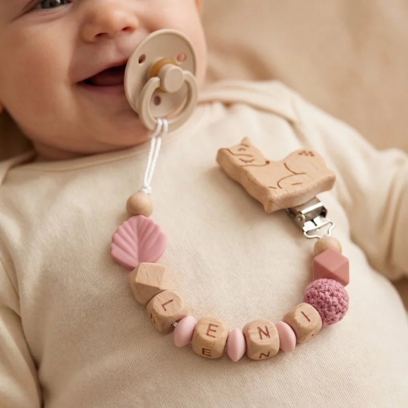 Personalized Baby Pacifier Clip Custom Name Silicone Beads Wooden Teether Chain BPA Free Soother Holder Dummy Strap Newborn Gift