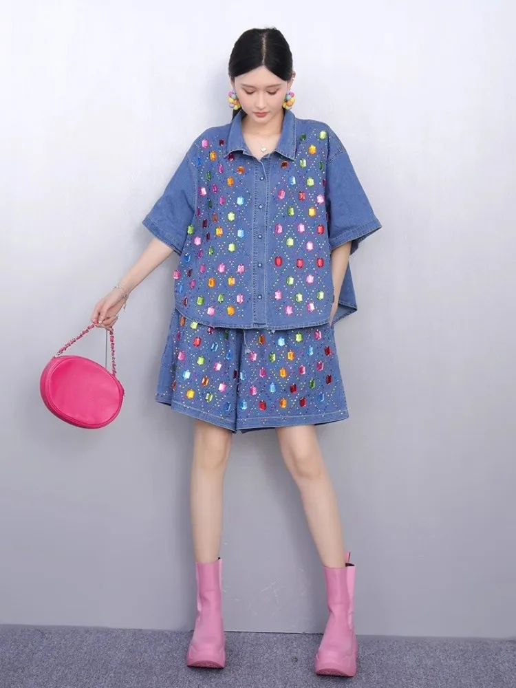 New Designer Summer Casual Loose Fit Short Sleeve Denim Jacket High Waist Wide Leg Shorts Fashion Diamonds Women Two Piece Sets