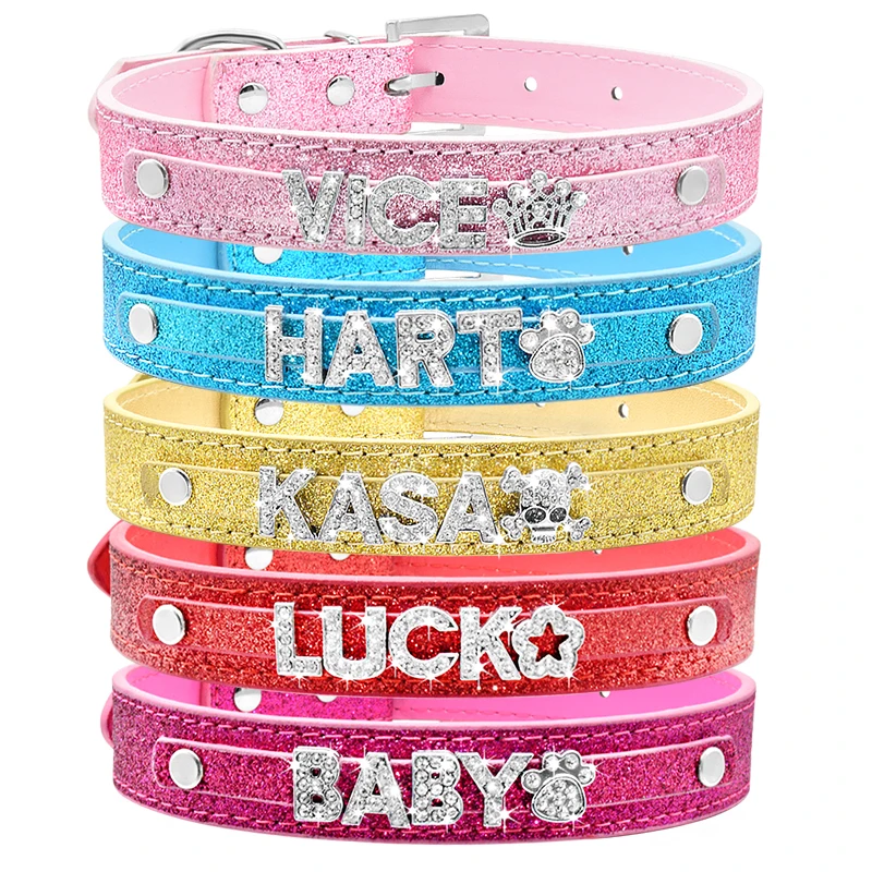 Personalized Bling Rhinestone Name Cat Dog Collar Custom Glitter Diamond Name Leather Dog Collars for Small Medium Large Dogs