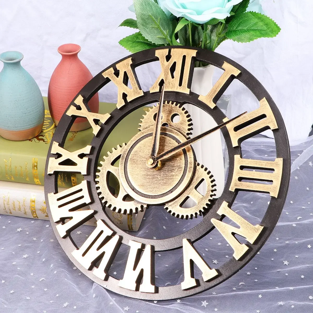 Industrial Gear Wall Clock Decorative Retro MDL Wall Clock Industrial Age Style Room Decoration Wall Art Decor (Without Battery)