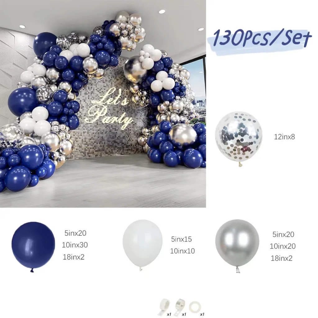 130Pcs Blue and Silver Balloon Garland Arch Kit Blue Metallic Silver White Balloons Baby Shower Wedding Graduation Party Decor