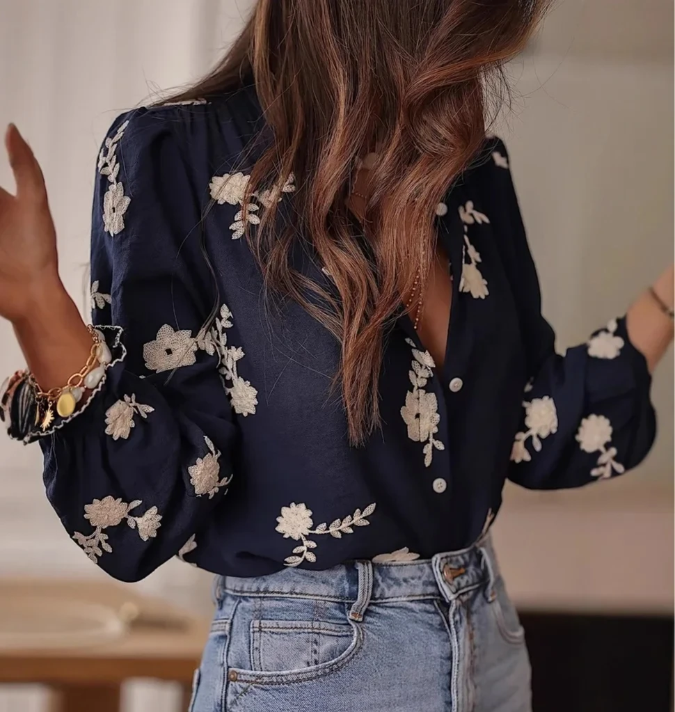 

Spring Summer New Style Women's Long Sleeve Embroidered Chiffon Shirt Fashionable