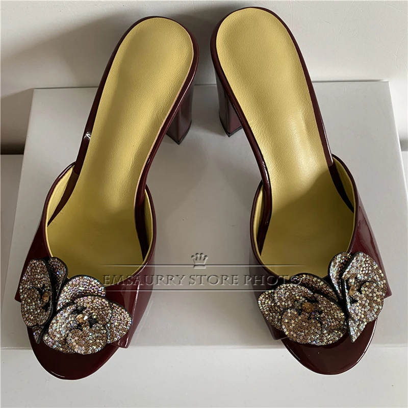 Luxury Jeweled Crystal Flower Decor Mules Summer Chunky Heel Patent Leather Slingbacks Slim Sandals For Girls Women