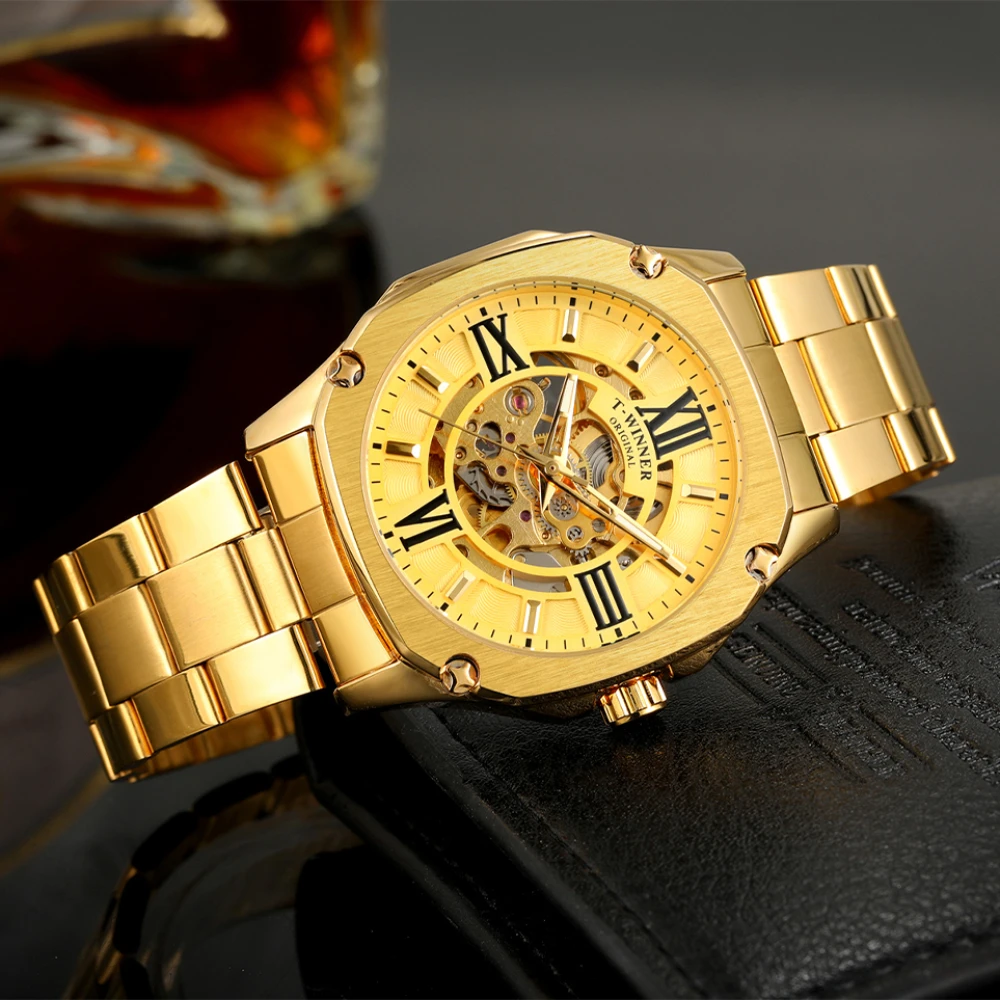 

Luxury Square Skeleton Mechanical Watches Retro Golden Automatic Mens Watch Luminous Pointers Fashion Stainless Steel Strap