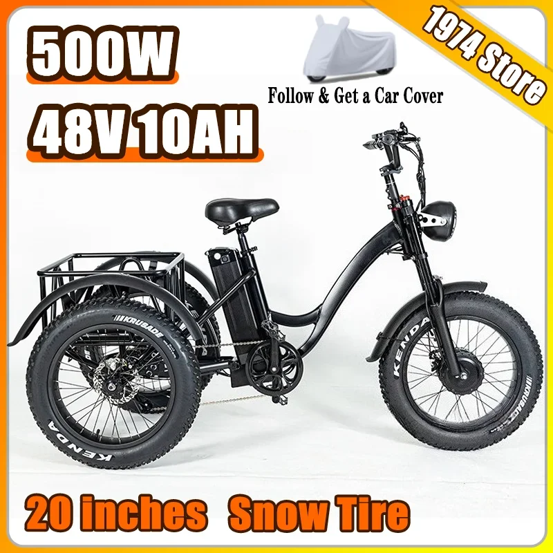 

Household Use Electric Bike Black 500W Aldult Mountain Bike Super Bright Headlight Snow Tires Off-road Commuting Cargo Tricycle