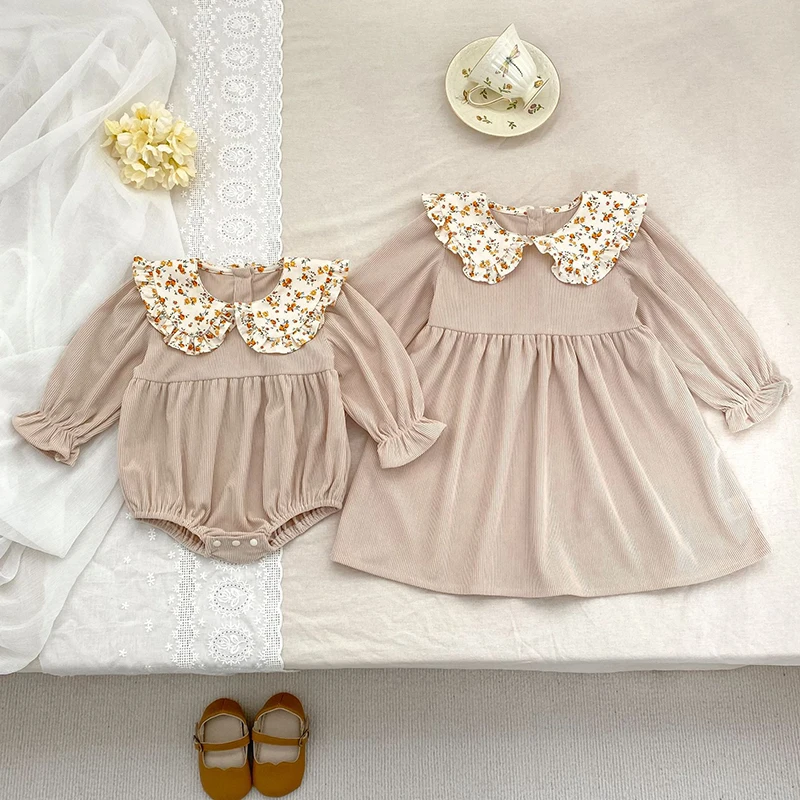 Neue Herbst Kinder Kleidung Schwestern Mädchen Party Prinzessin Kleid Cord Blume Kragen Kleid Baby Mädchen Strampler Kinder Schwestern Kleider – Detail 4