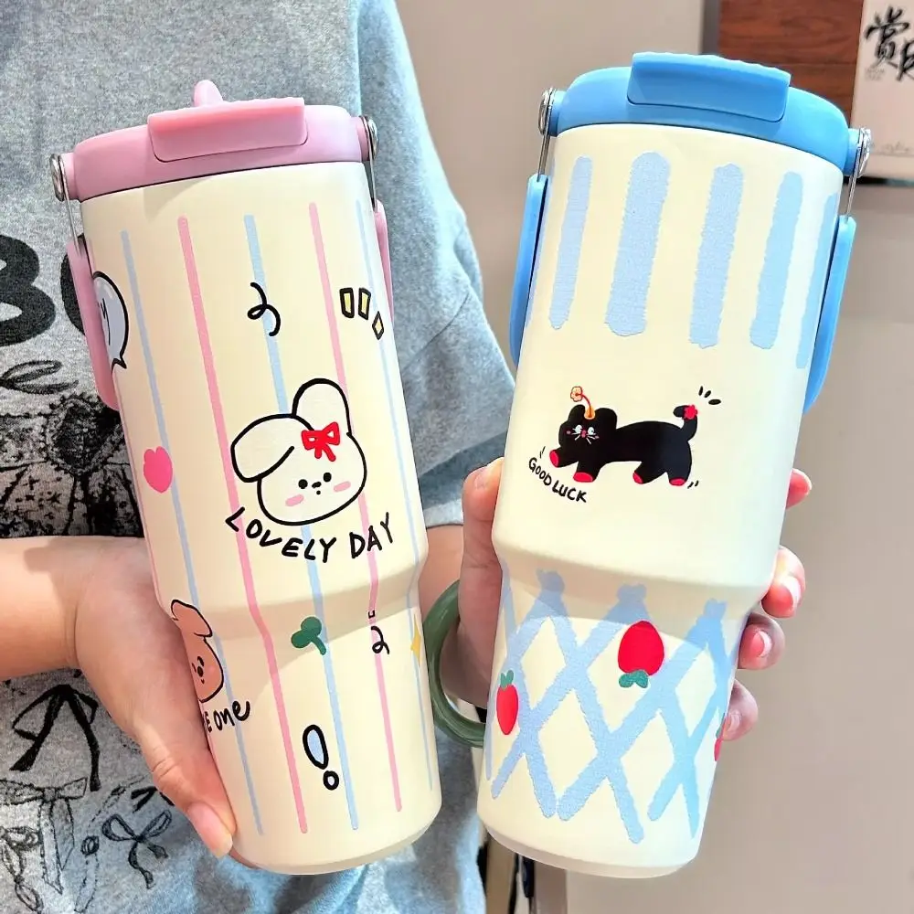 

Portable Stainless Steel Thermos 900ML Large Capacity Straw Cup With Straw/Handle Coffee Thermos