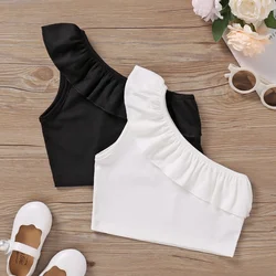 Baby Girls Vest Kids One Shoulder Tank Tops 2024 Summer Camisole Fashion Lotus Leaf Suspender Underwear Children's Clothing