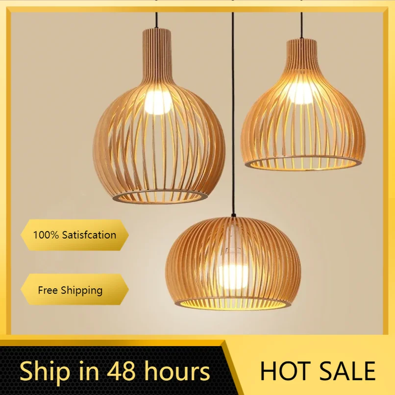 Hand-made Wooden Birdcage Pendant Lamp Netherlands Home Decoration E27 Suspension Light Indoor Led Lighting for Dining Room Bar