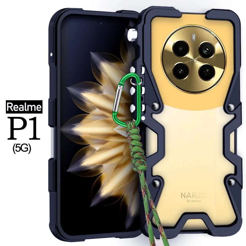 

Zimon Luxury Armor Metal Aluminum Phone Bumper For Realme Narzo70 P1 Narzo 70 Pro Cover Mechanical Purely Handmade Skull Case
