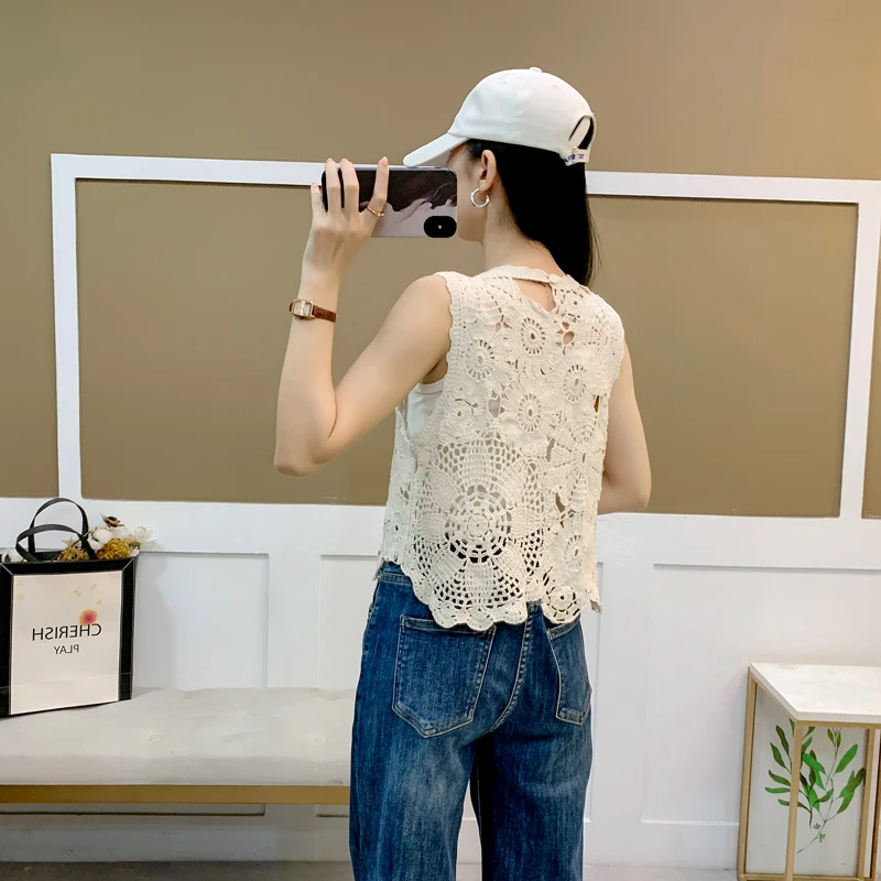 Ele évider ort Sve tricot couvrir femme une pièce été Faion haut coton coupe ample couleur gilet