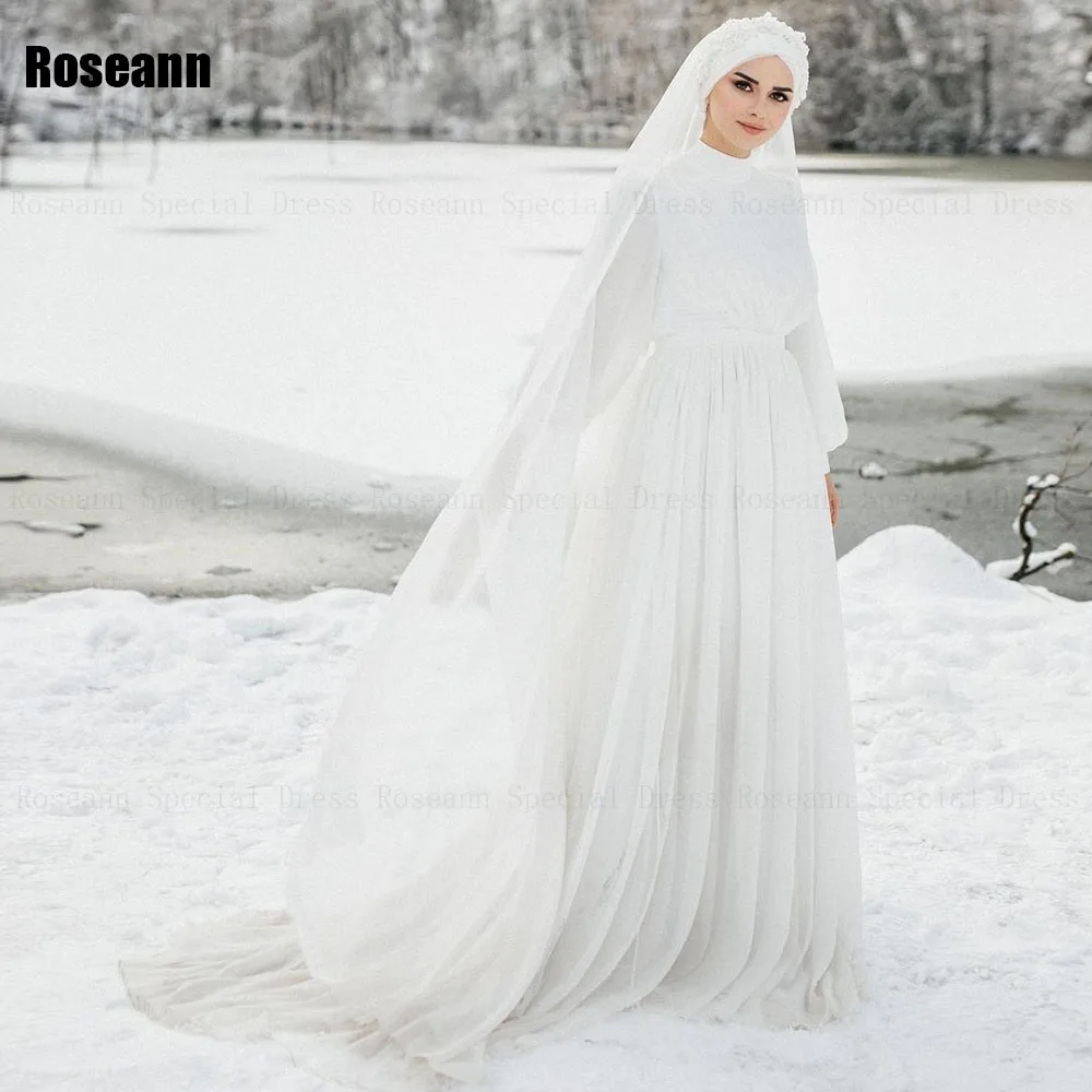 

Muslim 2024 New High Collar A-line Wedding Dresses Vertically Draped Pleat Floor Length Bride Dress Brush Train robe de mariée